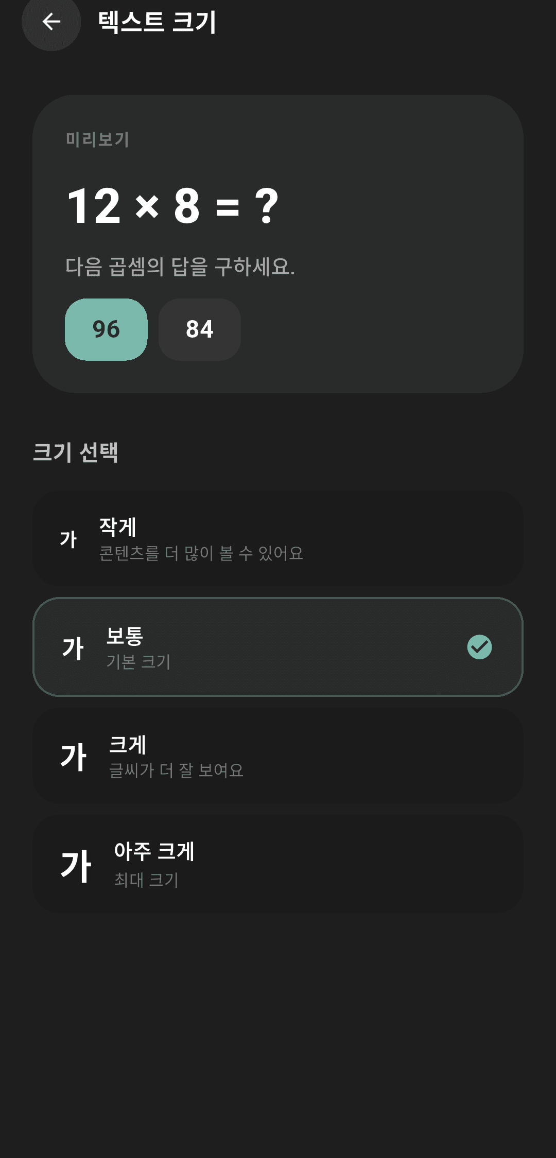 작게·보통·크게·아주 크게 네 단계로 조절되는 텍스트 크기 설정 화면