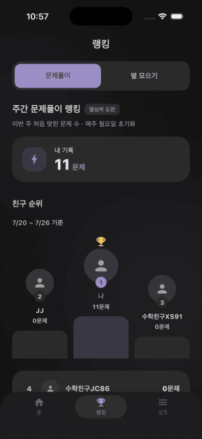 친구와 주간 랭킹 — 매주 월요일 리셋, 다시 1등 도전