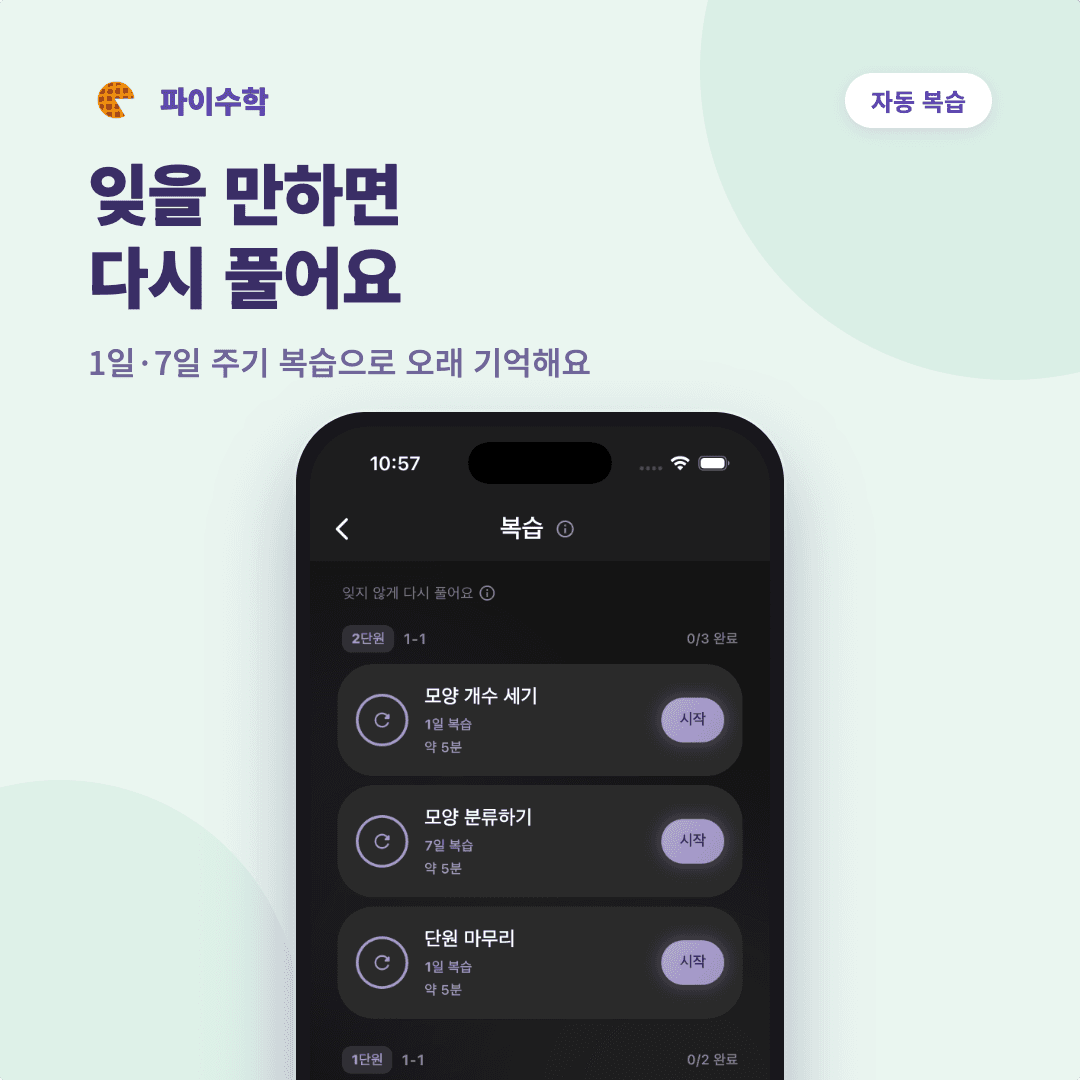 자동 복습 카드 — 잊을 만하면 다시 풀어요, 1일·7일 주기 복습 목록